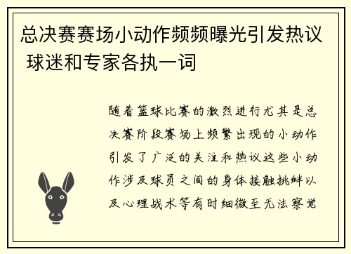 总决赛赛场小动作频频曝光引发热议 球迷和专家各执一词