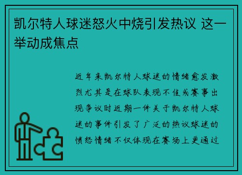 凯尔特人球迷怒火中烧引发热议 这一举动成焦点