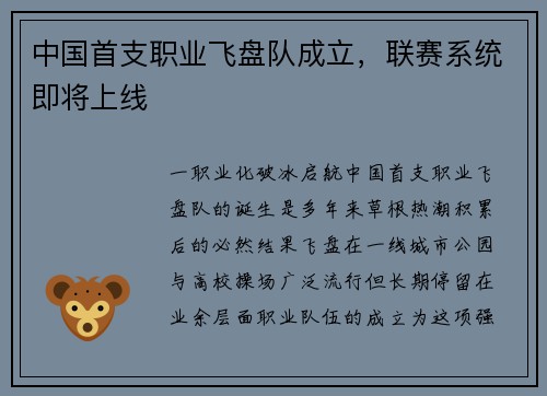 中国首支职业飞盘队成立，联赛系统即将上线